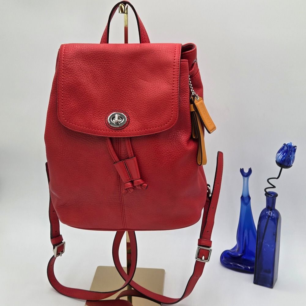 Coach Park Mini Backpack Red Pebbled Leather Turnlock F24385 Classic Drawstring